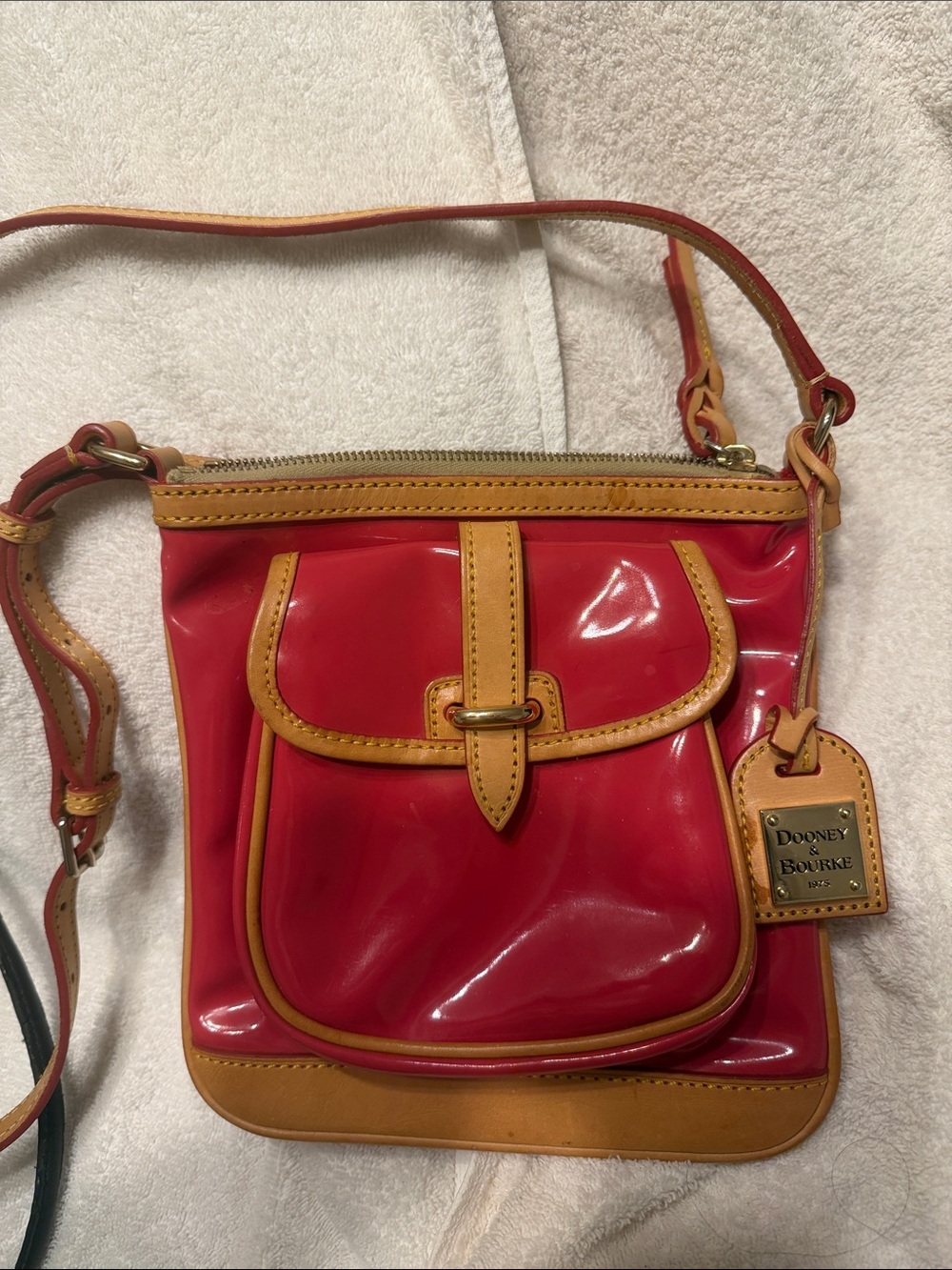 Dooney & Bourke Red Patent Crossbody with Tan Trim